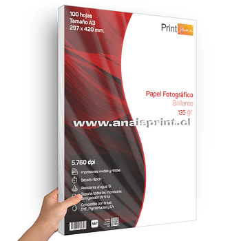 PAPEL FOTOGRÁFICO GLOSSY 135 GR / A3 / 100 HOJAS