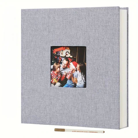 ALBUM FOTOGRAFICO AUTOADHESIVO CUBIERTA LINO GRIS CON VENTANA