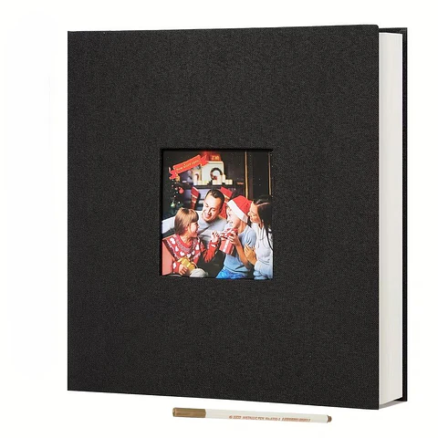ALBUM FOTOGRAFICO AUTOADHESIVO CUBIERTA LINO NEGRO CON VENTANA