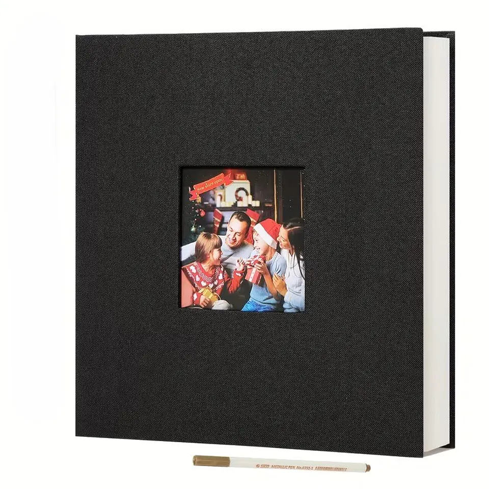 ALBUM FOTOGRAFICO AUTOADHESIVO CUBIERTA LINO NEGRO CON VENTANA 1