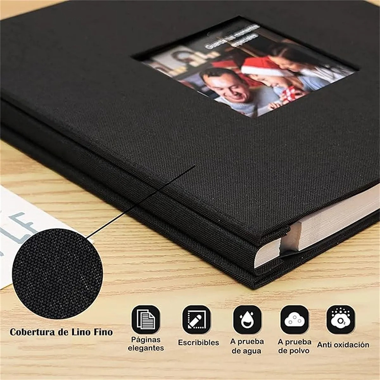 ALBUM FOTOGRAFICO AUTOADHESIVO CUBIERTA LINO NEGRO CON VENTANA