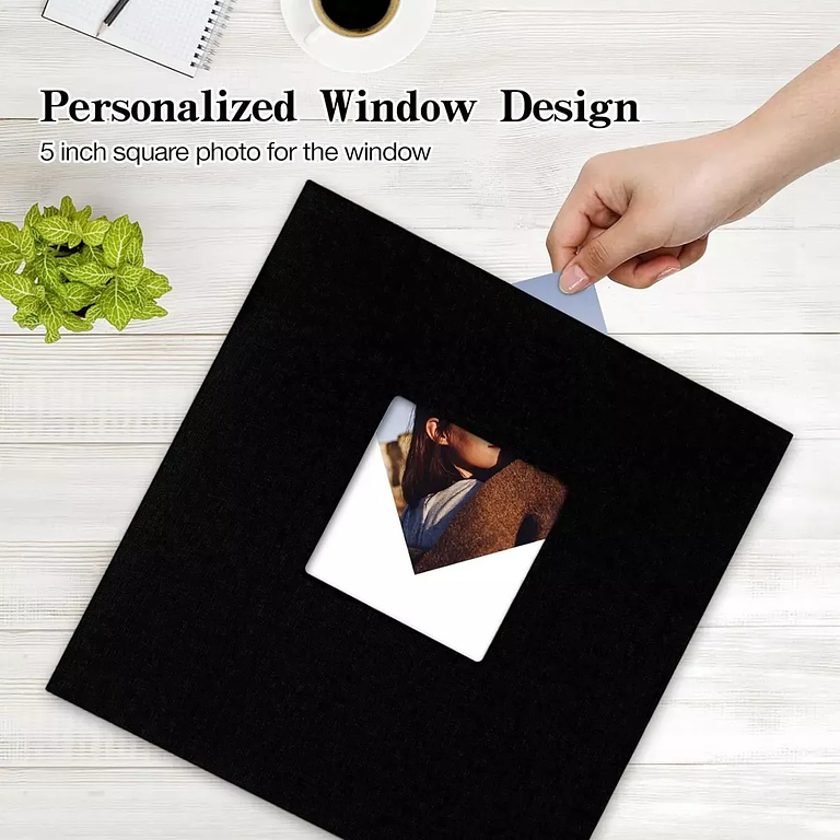 ALBUM FOTOGRAFICO AUTOADHESIVO CUBIERTA LINO NEGRO CON VENTANA