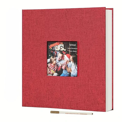 ALBUM FOTOGRAFICO AUTOADHESIVO CUBIERTA LINO ROJO CON VENTANA