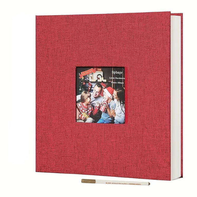 ALBUM FOTOGRAFICO AUTOADHESIVO CUBIERTA LINO ROJO CON VENTANA