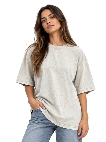 POLERA M/C ALGODÓN OVERSIZE (UNISEX) MINERAL WASH LONG FIT 6