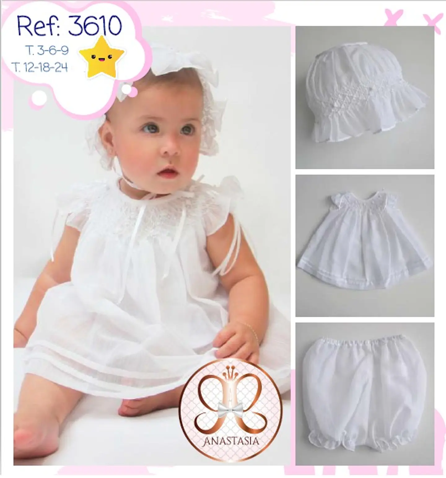 VESTIDO BAUTIZO CALADO CON GORRO Y CUBRE PAÑAL BLANCO O MARFIL 2