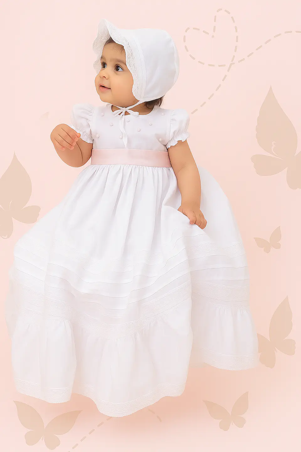 ROPON / FALDON BLANCO CON LAZO ROSA BORDADO PECHO 1