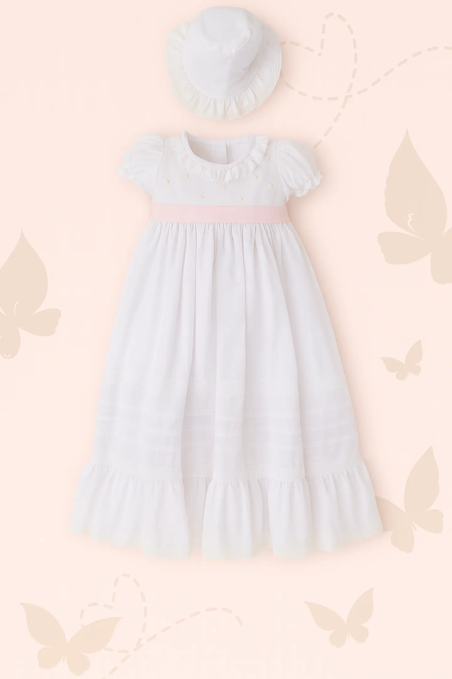 ROPON / FALDON BLANCO CON LAZO ROSA BORDADO PECHO 2