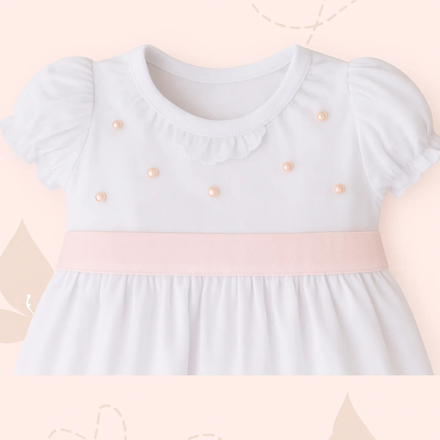 ROPON / FALDON BLANCO CON LAZO ROSA BORDADO PECHO 3