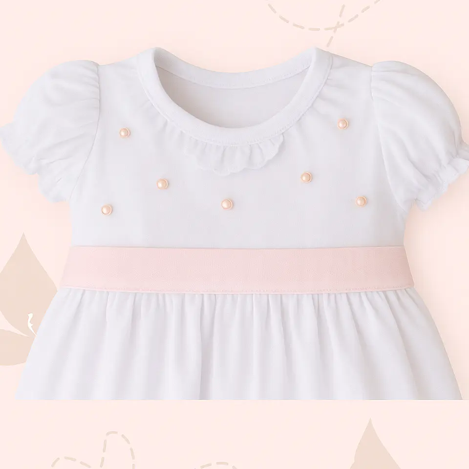 ROPON / FALDON BLANCO CON LAZO ROSA BORDADO PECHO 3