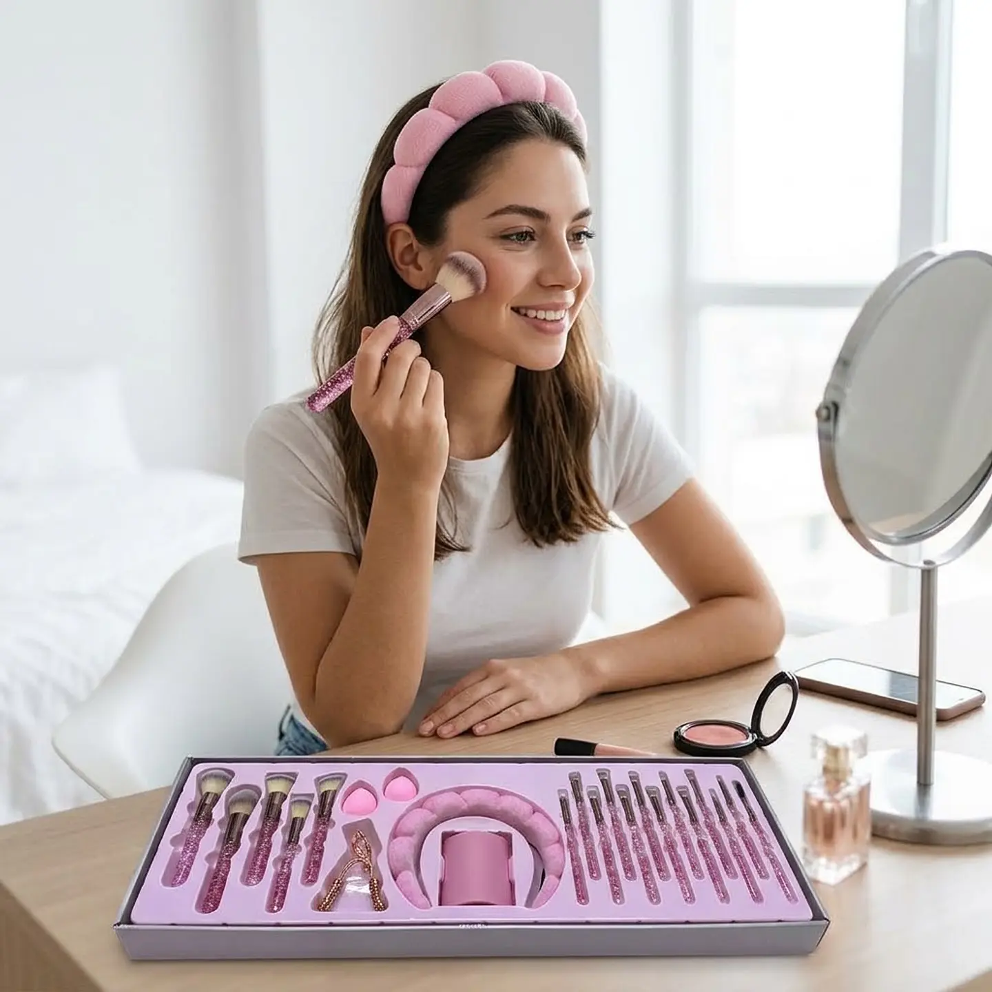 Set de Brochas de Maquillaje 24 Piezas Deluxe (Rosado) 3