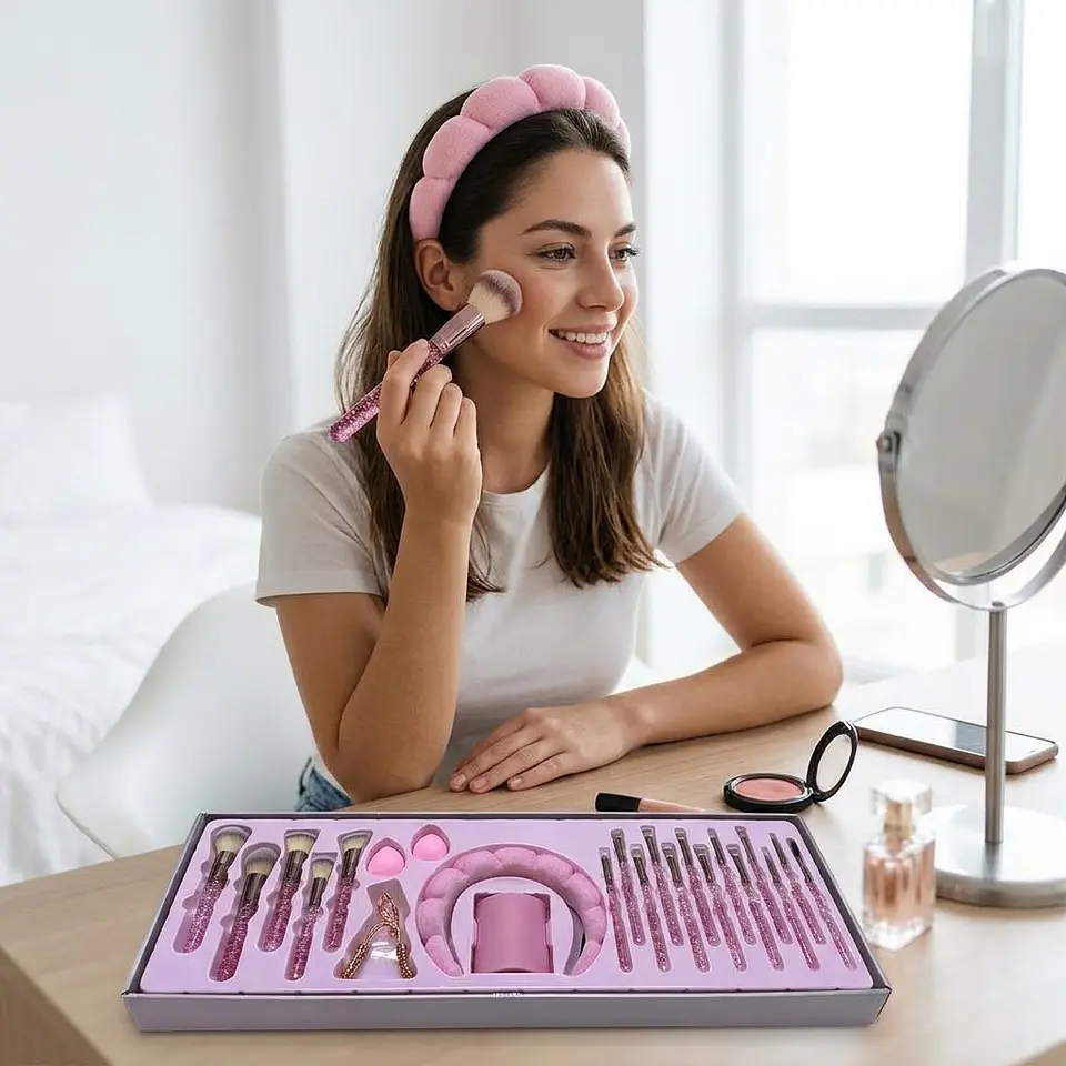 Set de Brochas de Maquillaje 24 Piezas Deluxe (Rosado) 3