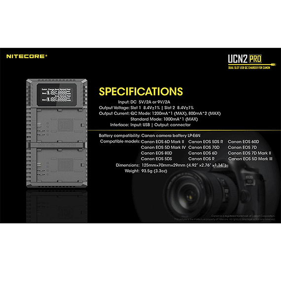 Cargador Nitecore UCN2 PRO Dual-Slot USB para Canon LP-E6N- Image 6