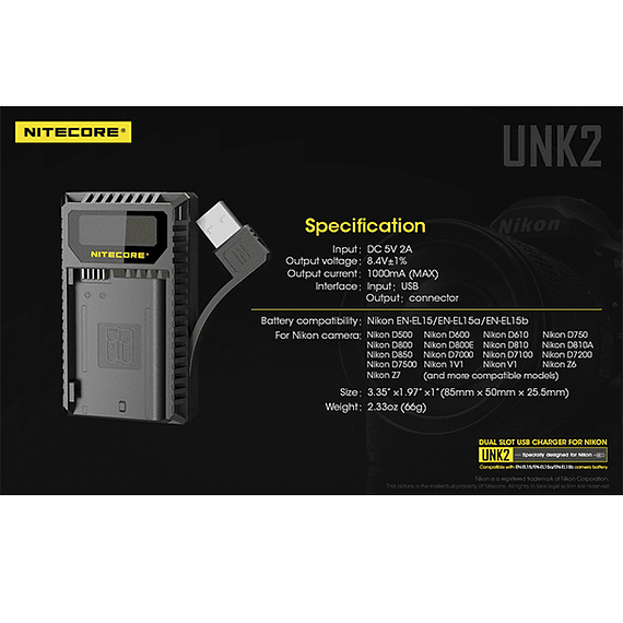 Cargador Nitecore UNK2 Dual-Slot USB para Nikon EN-EL15 y EN-EL15A- Image 4