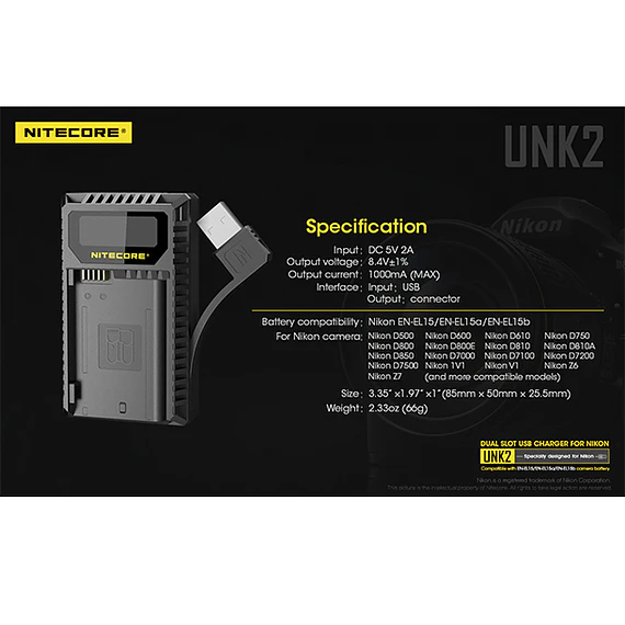 Nitecore UNK2 Dual USB Charger For Nikon EN-EL15 Camera Batteries