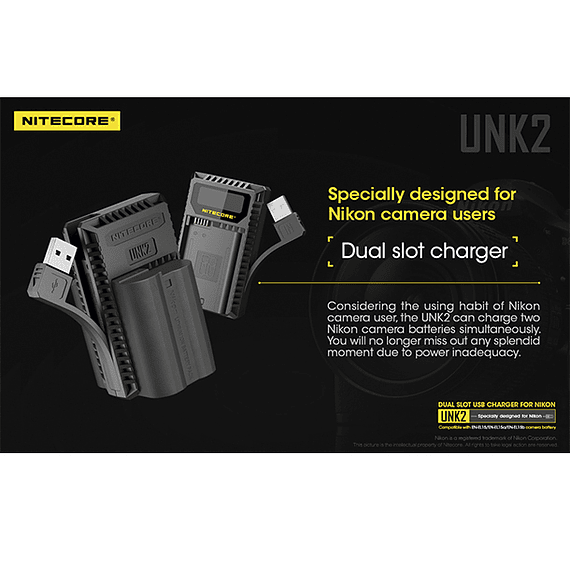 Cargador Nitecore UNK2 Dual-Slot USB para Nikon EN-EL15 y EN-EL15A- Image 17