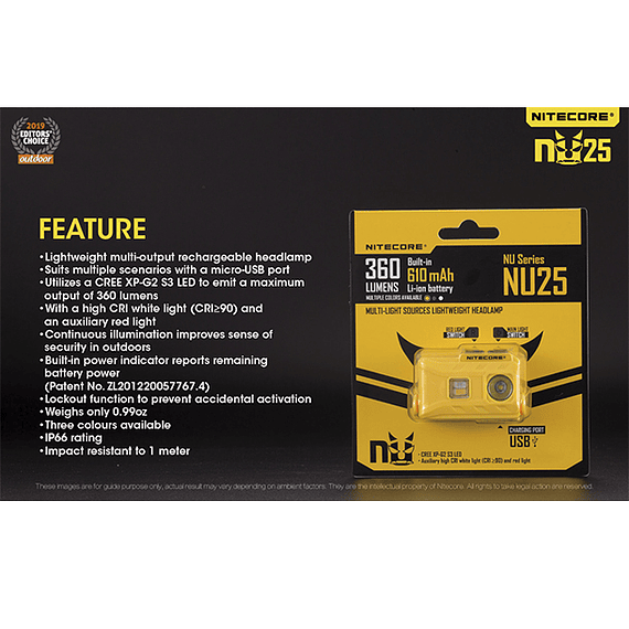 Linterna Frontal LED Nitecore 360 lúmenes Recargable USB NU25 Negro- Image 5