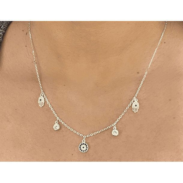 Collar  Mano Fátima Ojo Turco Circón Plata Fina 925 2