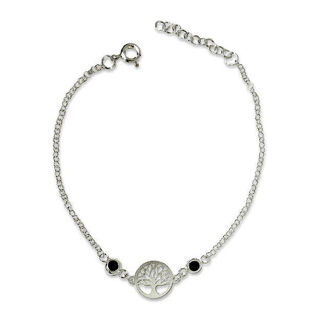 Pulsera Árbol De La Vida Circón Negro Plata Fina 925