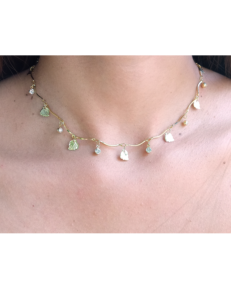 Collar Choker Hojas Circones Enchapado Oro 18 K 