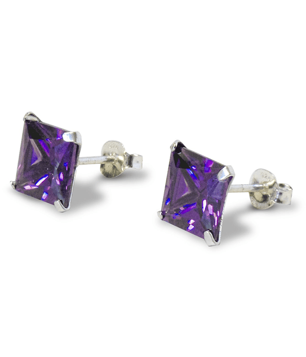 Aros Circón Morado Cuadrado 8mm Plata Fina 925 