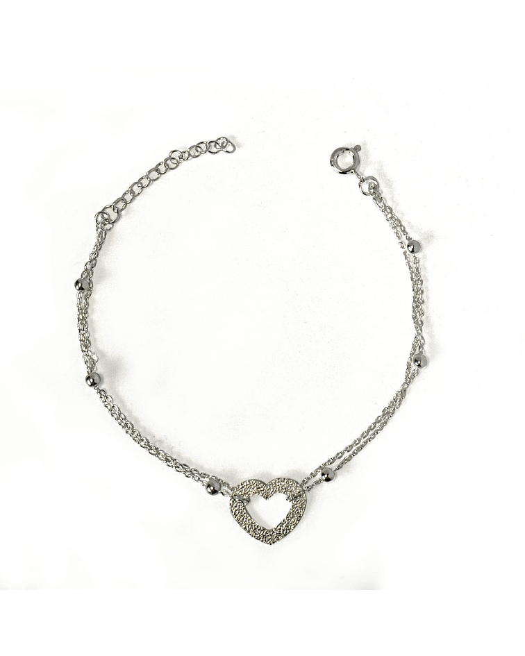 Pulsera Corazón Satinado Bolitas Plata Fina 925 