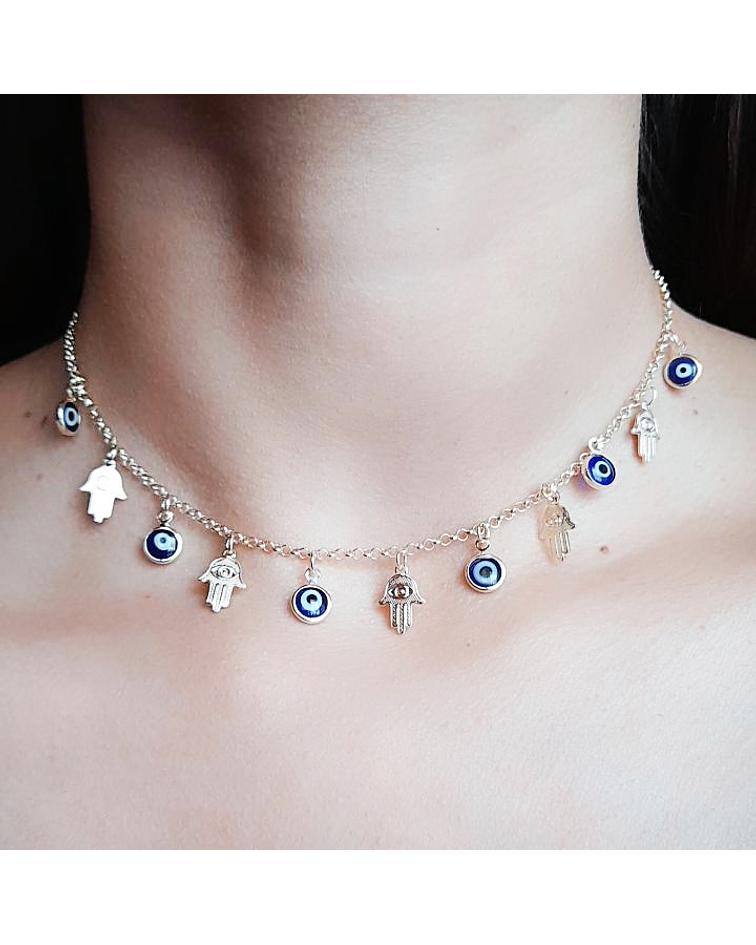 Collar Choker Manos Fátima Ojos Turcos Enchapado Oro 18 K 