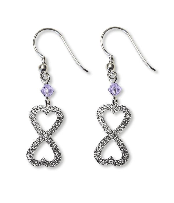 Aros 2 Corazones Satinados Cristal Morado Plata Fina 925 