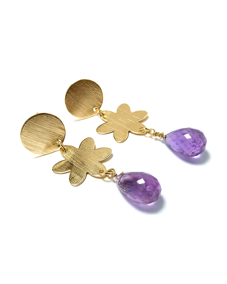 Aros Colgante Flor Satinados Amatista Enchapado Oro 18 K