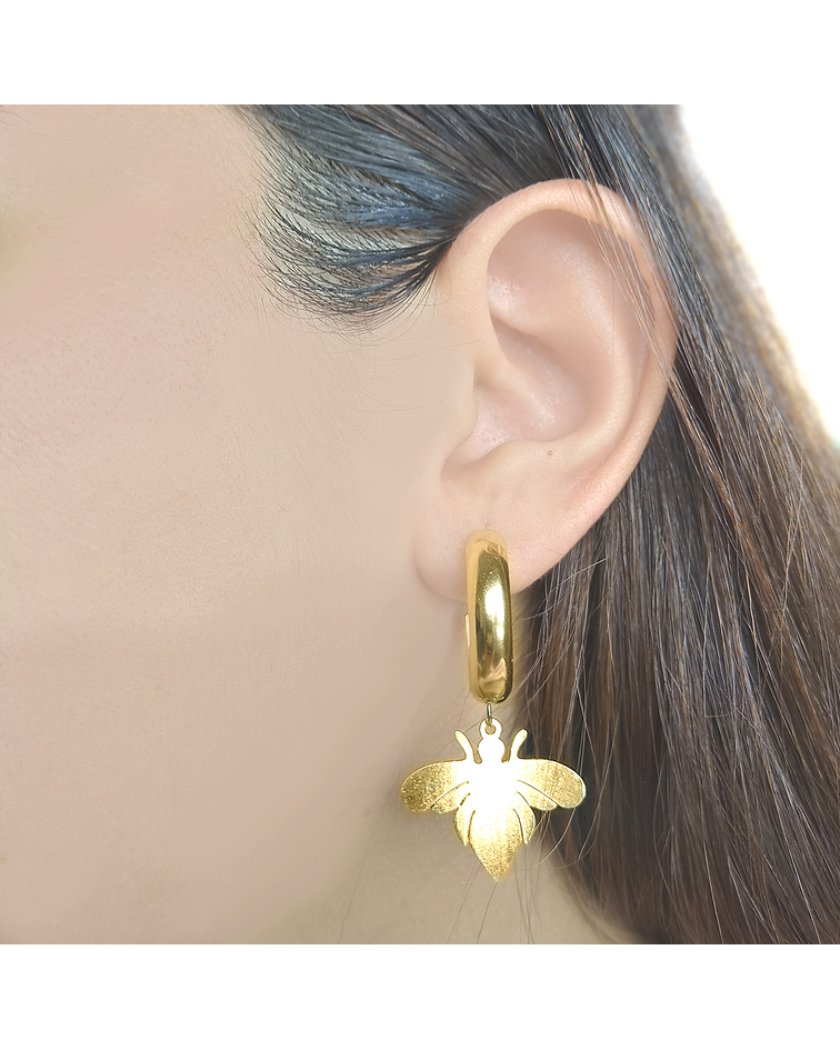 Aros Argolla Abeja Colgante Enchapada Oro 18 K