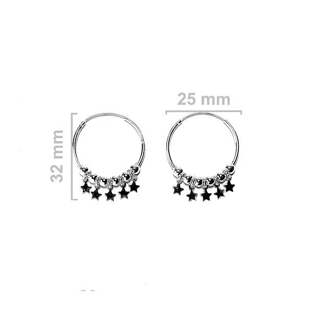 Aros Argollas 25mm Bolitas Estrellas Plata Fina 925