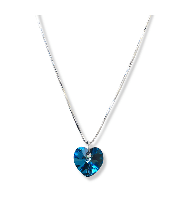 Collar Corazón Cristal Austríaco Azul Bermuda Plata Fina 925