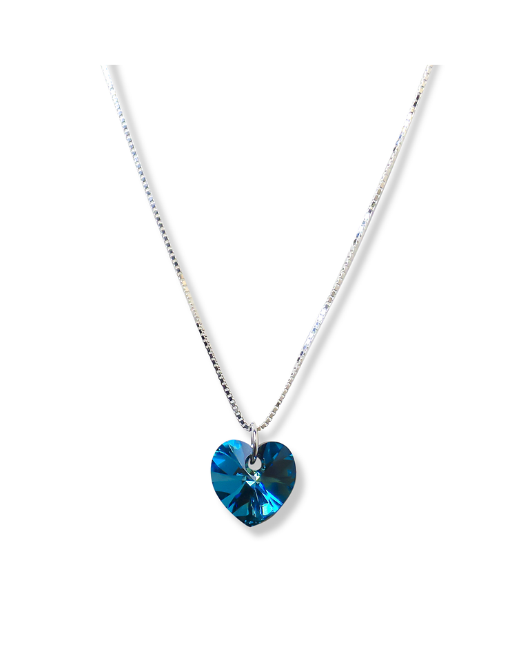 Collar Corazón Cristal Austríaco Azul Bermuda Plata Fina 925