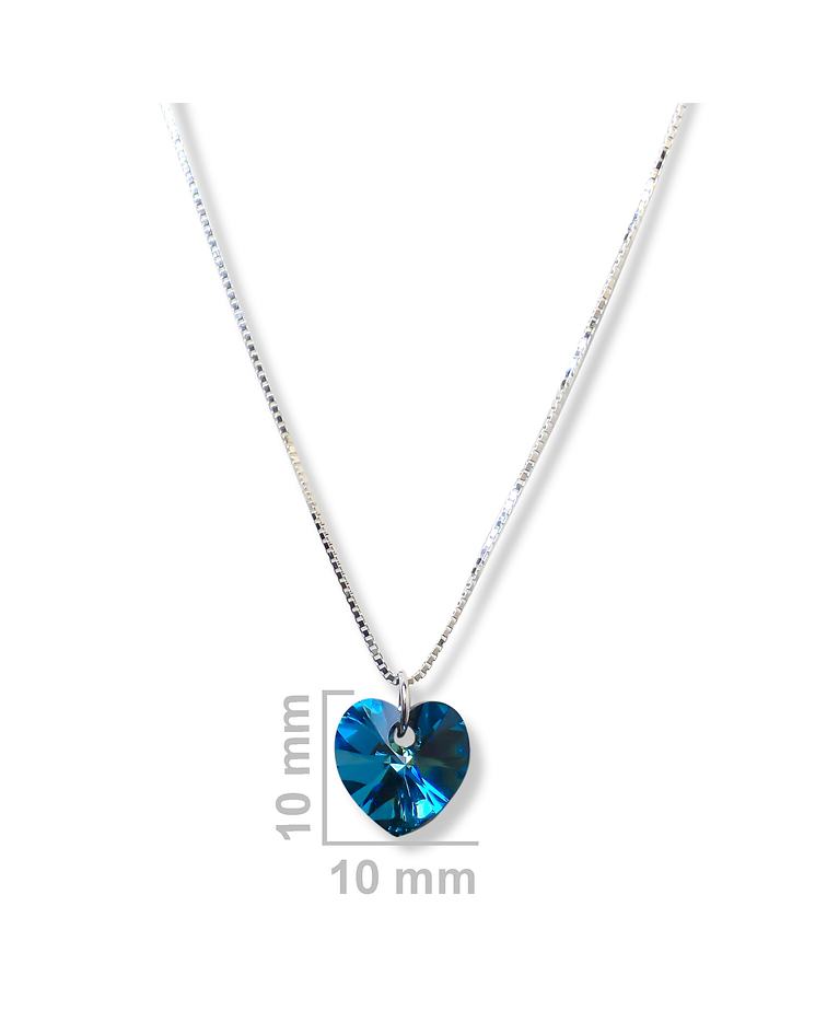 Collar Corazón Cristal Austríaco Azul Bermuda Plata Fina 925