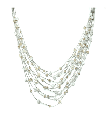 Collar Perlas De Río Blancas Cristales Hilos De Seda Plateados 48cm