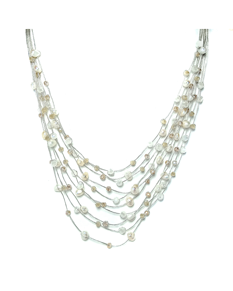 Collar Perlas De Río Blancas Cristales Hilos De Seda Plateados 48cm