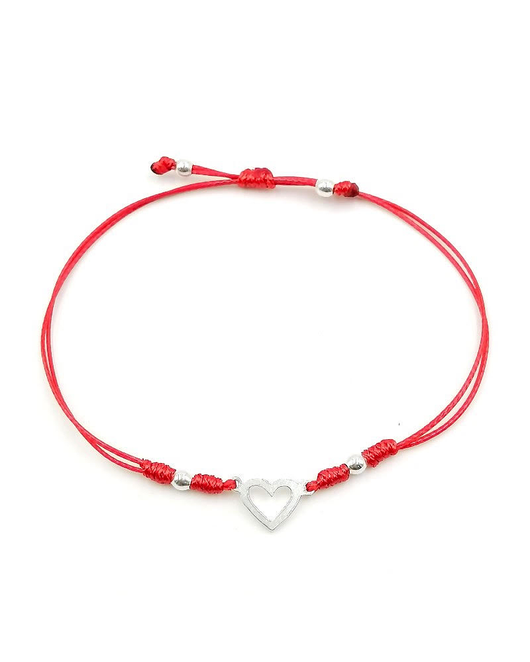 Pulsera Corazón Calado Plata Fina 925 Cordón Rojo