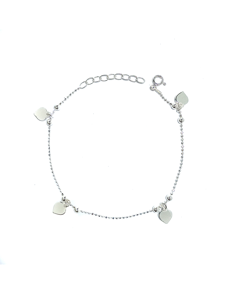 Pulsera Cadena Bolitas Corazones Plata Fina 925 20cm