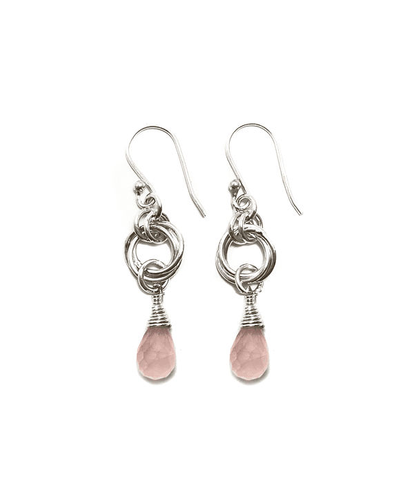 Aros Gota Cuarzo Rosa Piedra Natural Plata Fina 925