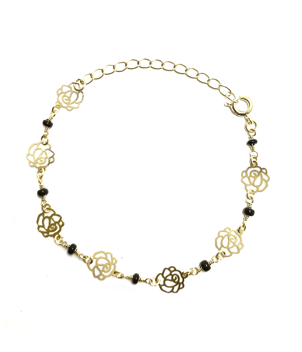 Pulsera Rosas Mostacillas Negras Enchapado Oro 18K