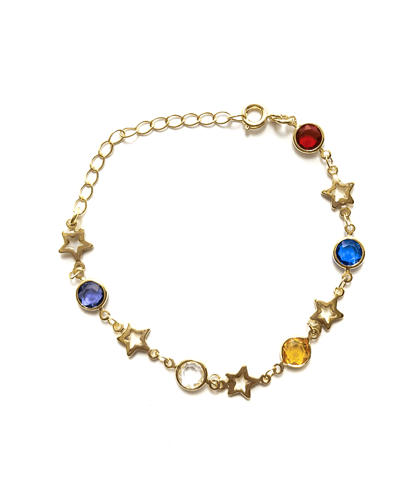 Pulsera 5 Cristales Colores 5 Estrellas Enchapado Oro 18K 20CM