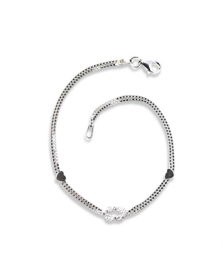 Pulsera Nudo 2 Corazones Plata Fina 925