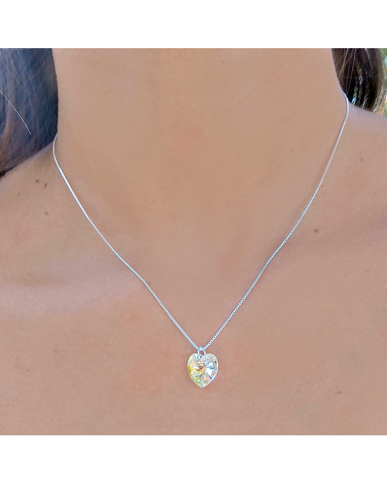 Collar Corazón Cristal Austriaco Aurore Boreale Plata Fina 925 45CM