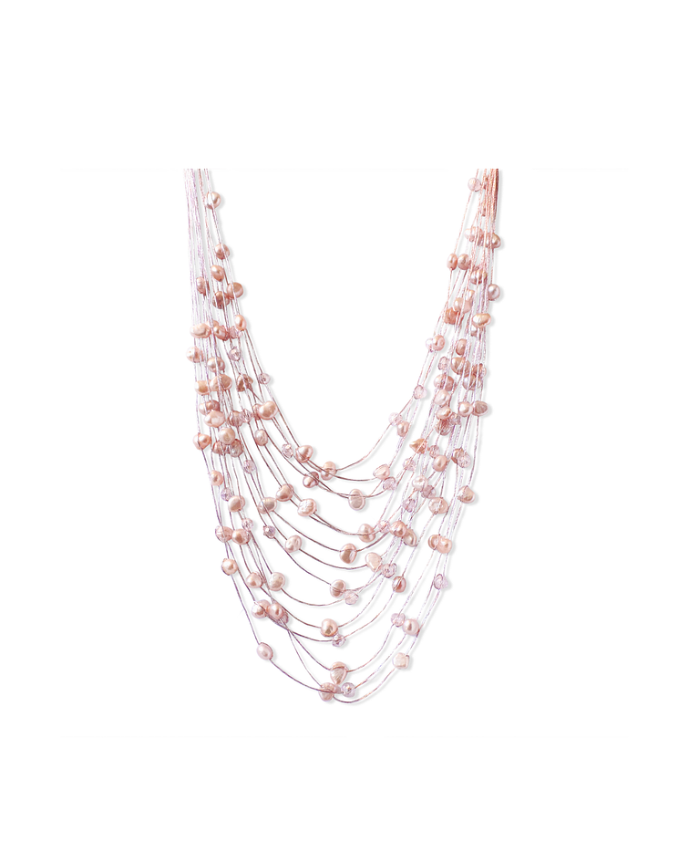 Collar Perlas De Río Rosadas Cristales Hilo De Seda