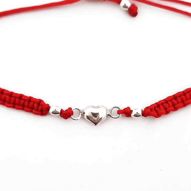 Pulsera Corazón Plata Fina 925 Cordón Rojo