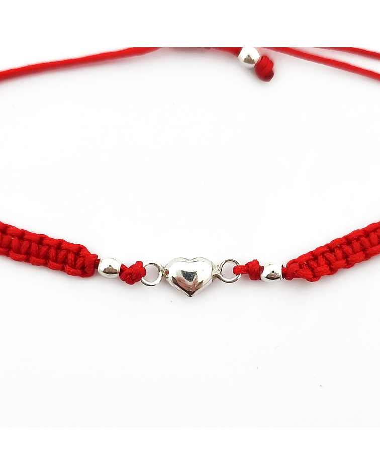 Pulsera Corazón Plata Fina 925 Cordón Rojo