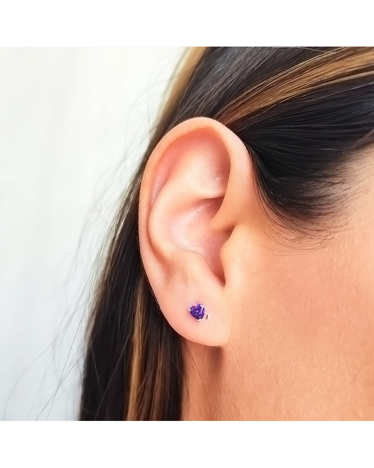 Aros Corazón Circón Morado 4mm Plata Fina 925