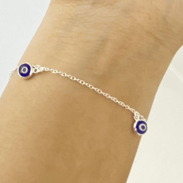 Pulsera 5 Ojos Turcos Cristal Azul Plata Fina 925