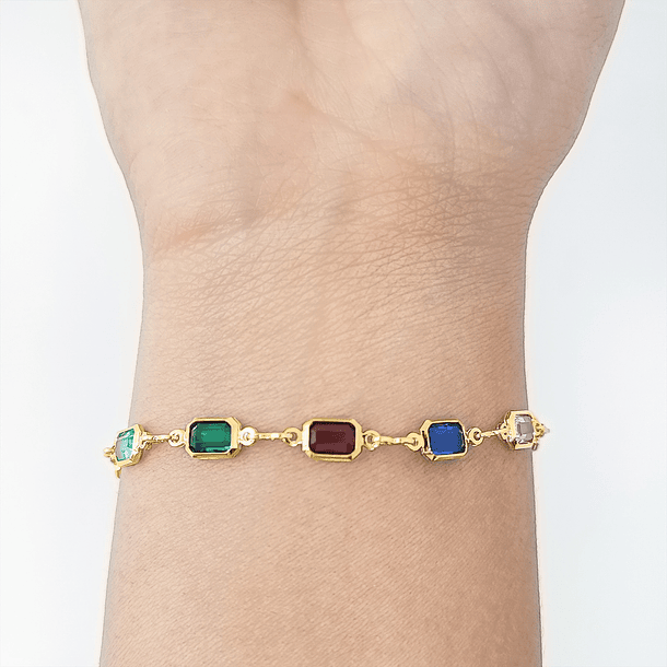 Pulsera Rectángulo Cristales Colores Enchapado Oro 18K