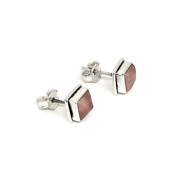 Aros Botón Cuadrado Cuarzo Rosa Plata Fina 925